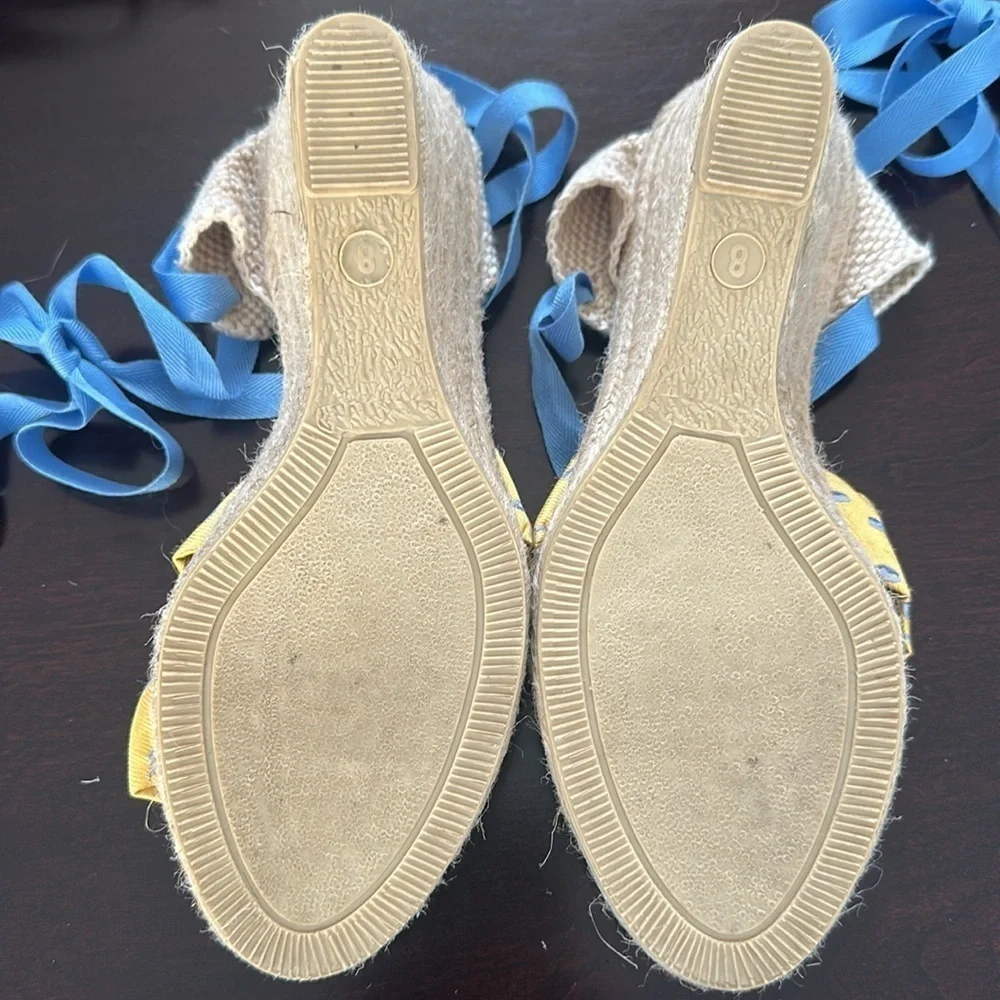 J. Crew Womens Marianne Espadrilles Tie Wedges Yellow Light Blue Spa Whales Sz 8